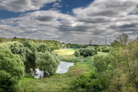 Panoramic view of the river and the old power plant.の写真素材