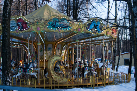 Merry-go-round in the park on a winter dayの写真素材