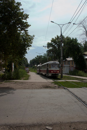 Old tram on the street of the city of Samara, Russiaの写真素材