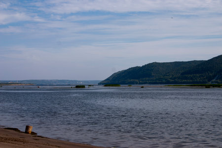 View of the shore of the lake in the summer with a blue skyの写真素材