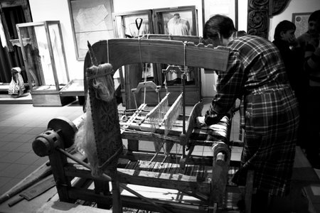 Weaving loom in a workshop. Black and white photo.の写真素材