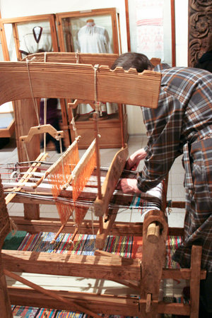 Weaving loom in a loom shop in the old town of Sergiev Pasad, Russia.の写真素材