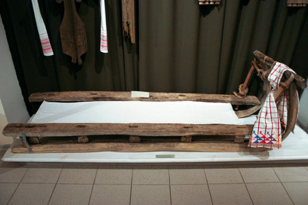Wooden stretcher in the interior of a restaurant, closeup of photoの写真素材