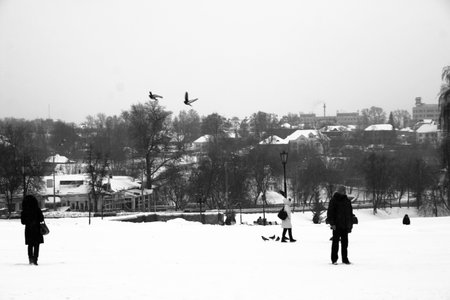 People walking on the snow in the city park. Black and white photo.の写真素材