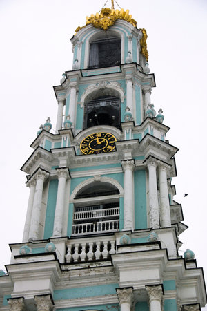 Bell tower of the Church of the Intercession of the Blessed Virgin Mary in Sergiev Posad, Russiaの写真素材