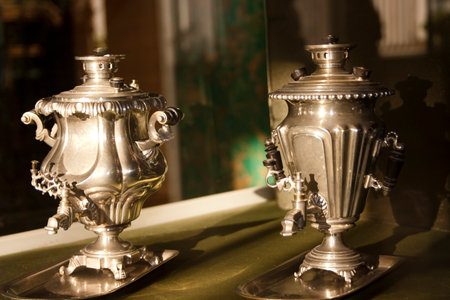 Antique samovar on a table, shallow depth of fieldの写真素材