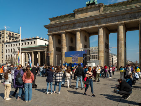 Berlin, Germany - 03/27/2022: Protest against Russian invasion of Ukraine against war near Brandenburg Gateのeditorial素材