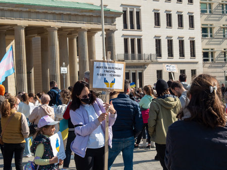 Berlin, Germany - 03/27/2022: Protest against Russian invasion of Ukraine against war near Brandenburg Gateのeditorial素材