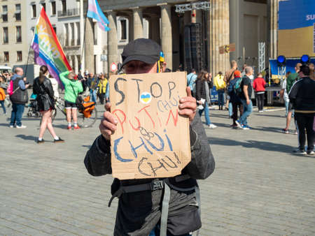 Berlin, Germany - 03/27/2022: Protest against Russian invasion of Ukraine against war near...