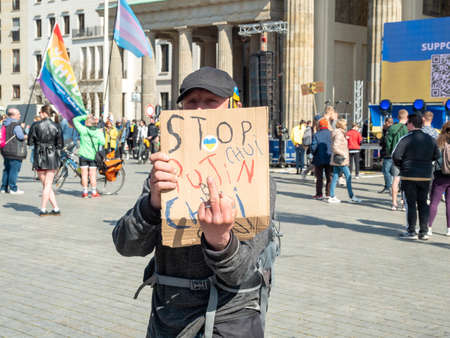 Berlin, Germany - 03/27/2022: Protest against Russian invasion of Ukraine against war near Brandenburg Gateのeditorial素材
