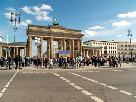 Berlin, Germany - 03/27/2022: Protest against Russian invasion of Ukraine against war near Brandenburg Gateのeditorial素材