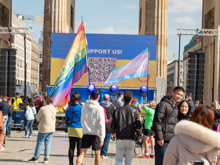Berlin, Germany - 03/27/2022: Protest against Russian invasion of Ukraine against war near Brandenburg Gateのeditorial素材