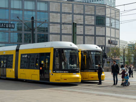 BERLIN, GERMANY - APRIL 13, 2022. Berlin city tram, electric train at Alexanderplatz in Berlin.のeditorial素材