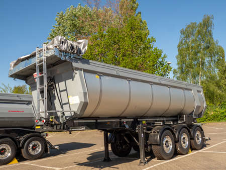 Berlin, Germany, May 09, 2022: Tipper trailer in the parking lot. Germany Berlin.のeditorial素材