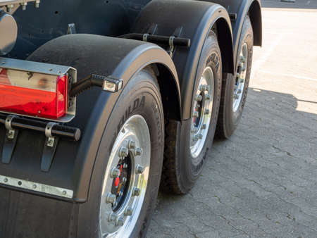 Berlin, Germany, May 09, 2022: Dump truck trailer wheels. Germany Berlin.のeditorial素材