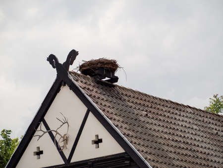 Stork nest on the roof of the houseの写真素材