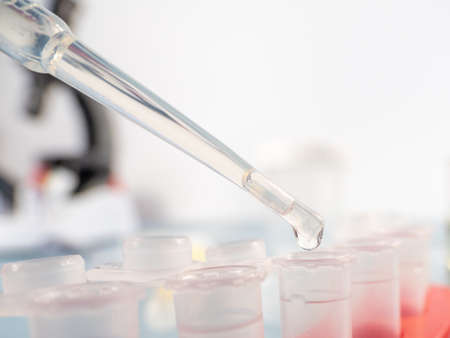 Analytical chemistry - sample being pipetted into test tube for analysis in laboratory.の写真素材