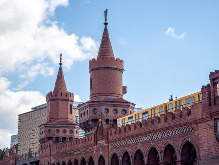 Yellow train in Berlin. Train at the station. Yellow train on the Oberbaum Bridge in Berlin, Germanyのeditorial素材
