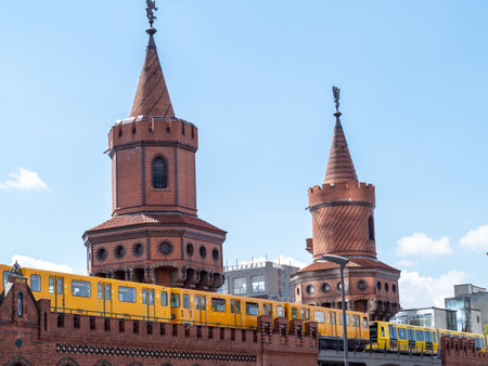 Yellow train in Berlin. Train at the station. Yellow train on the Oberbaum Bridge in Berlin, Germanyのeditorial素材