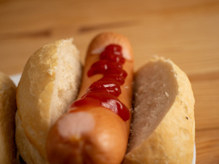 Boiled sausage with a bun on a wooden background. Bockwurst with a bun.の写真素材