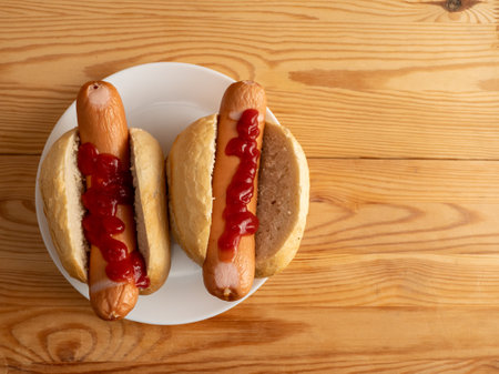 Boiled sausage with a bun on a wooden background. Bockwurst with a bun.の写真素材
