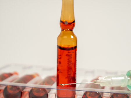 Ampoules for vitamin B12 injections. Injectable solution ampoules used to supplement vitamin B12. Close up.の写真素材