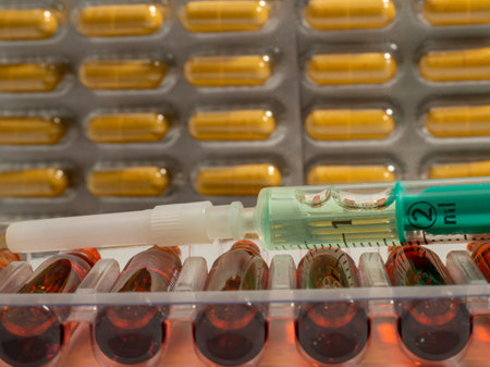 Ampoules for vitamin B12 injections. Injectable solution ampoules used to supplement vitamin B12. Close up.の写真素材