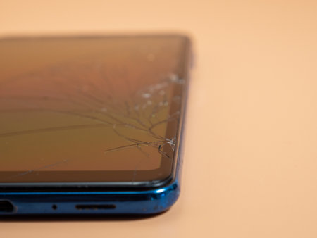 Old broken smartphone. Smartphone on an orange background. Close up.の写真素材