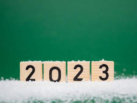 The inscription in wooden letters 2023 on a green background. Close up.の写真素材