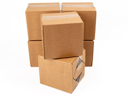 Cardboard box on a white background. Closed cardboard boxes. close up.の写真素材