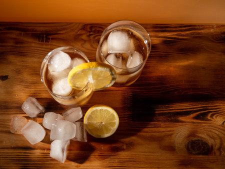 Iced tea in a glass with ice cubes. Cold tea with ice. close upの写真素材