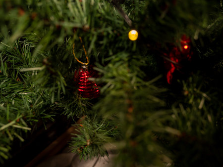 Christmas tree and decoration. Background of Christmas and New Year holidays. Close up.の写真素材