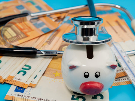 Medical stethoscope, piggy bank, thermometer and banknotes on a blue background. Close up.の写真素材