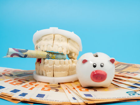 Dental casts, piggy bank and banknotes on a blue background. Plaster model of teeth. Close up.の写真素材
