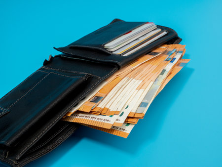 Purse and banknotes on a blue background. Close up.