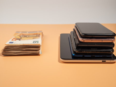 Lots of old smartphones and money on an orange background. Old mobile phones and euro banknotes. Broken smartphones.の写真素材