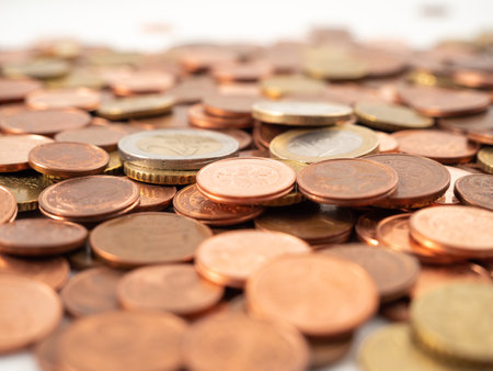 Lots of metal coins. A bunch of euro cents. Close up.の写真素材