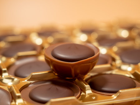 Chocolate candies on an orange background. Sweets with caramel. Round chocolates. Close up.の写真素材