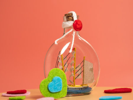 Ship in a bottle and hearts on a pink background. Close up.