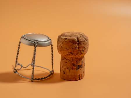 Champagne cork on an orange background. Cork from the bark of a tree. Close up.の写真素材