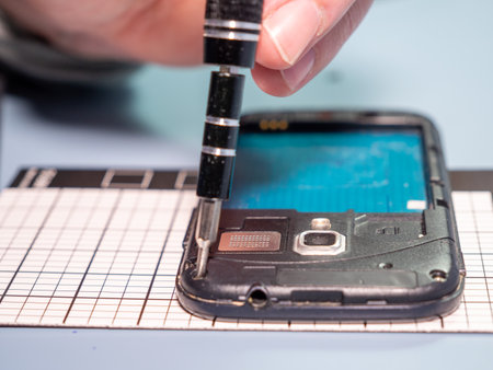 A technician repairs a smartphone in a laboratory with copy space. concept of computer hardware, mobile phones, electronics, repair, upgrade and technology. Close up.の写真素材