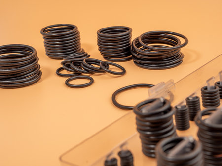Hydraulic and pneumatic o-rings in black in different sizes on an orange background. Rubber gaskets...