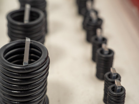 Hydraulic and pneumatic o-rings in black in different sizes on a white background. Rubber gaskets...