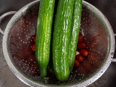 Washed cucumbers and tomatoes. Cucumbers and tomatoes in splashes of water. close up.の写真素材