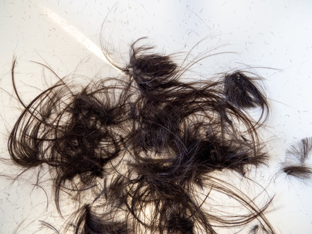 Cropped hair on a light floor. salon. Close up.の写真素材