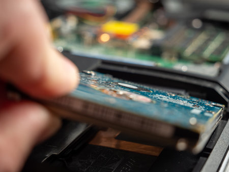 The master repairs a broken laptop with a screwdriver. Specialist and old broken laptop.の写真素材