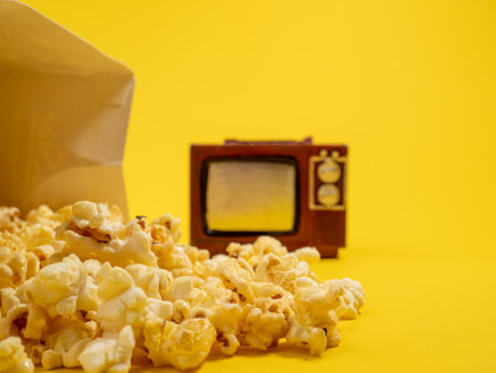 Popcorn and old TV on a yellow background. Sweet popcorn on yellow. Close up.の写真素材