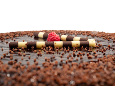Chocolate cake on a white background. Delicious sweets. Close up.の写真素材