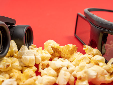 Popcorn and 3D glasses on a red background. Sweet popcorn on red. Close up.の写真素材