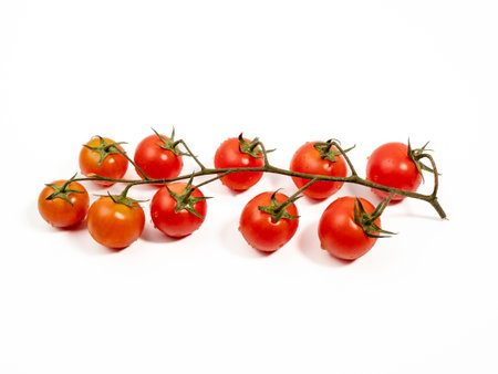 Bunch of fresh red tomatoes with green stems isolated on white background. Tomato close up.の写真素材